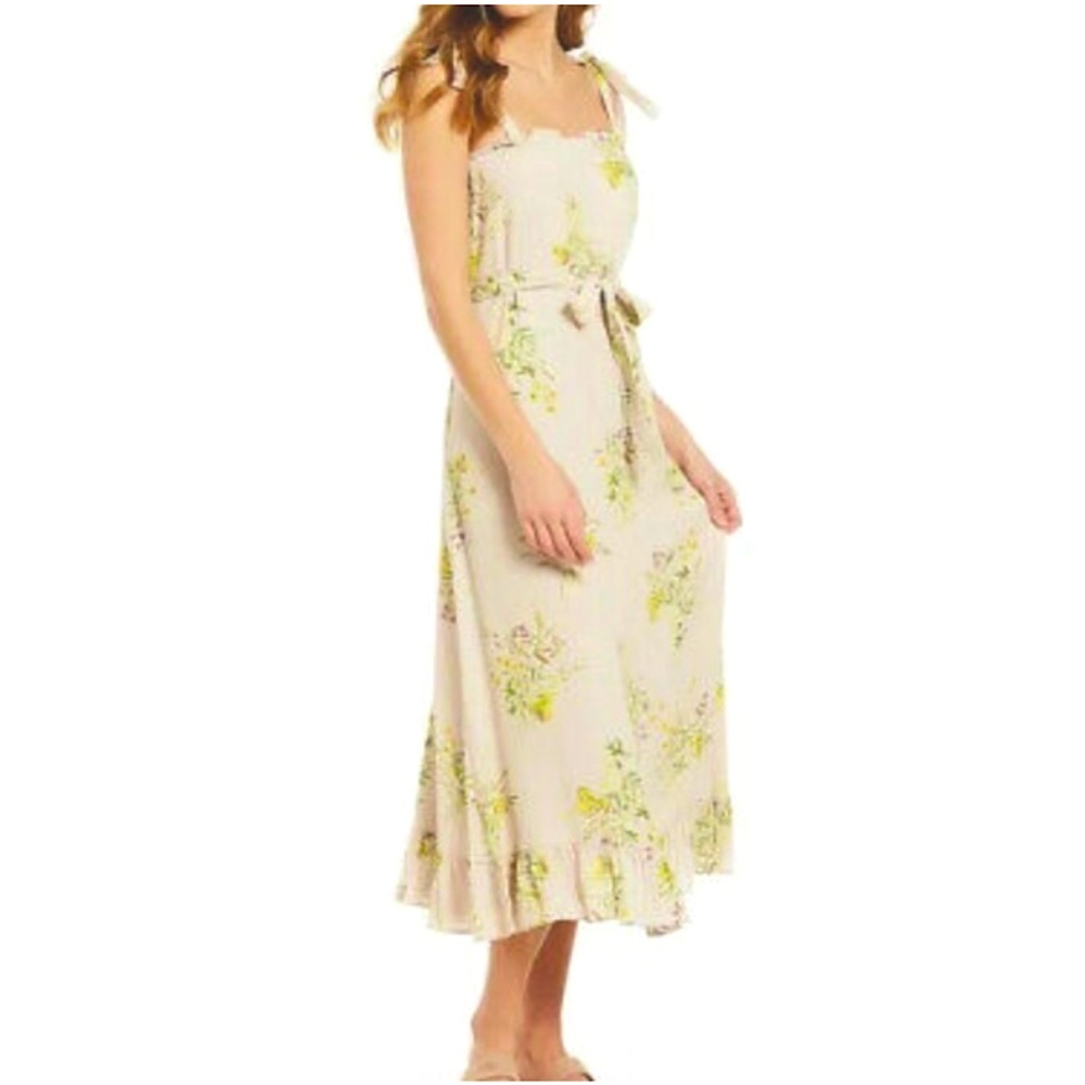 🆕A LOVES A RUFFLE SHOULDER TAN FLORAL MIDI DRESS(Sz XS)
